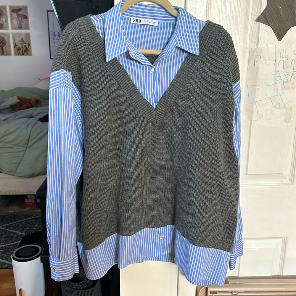 Zara Blue & Gray Layered Knit Shirt Sweater Vest